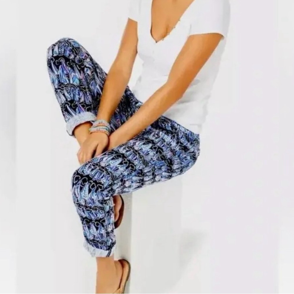 Lilly Pulitzer taron linen pants, navy & white sailboat coastal print size M